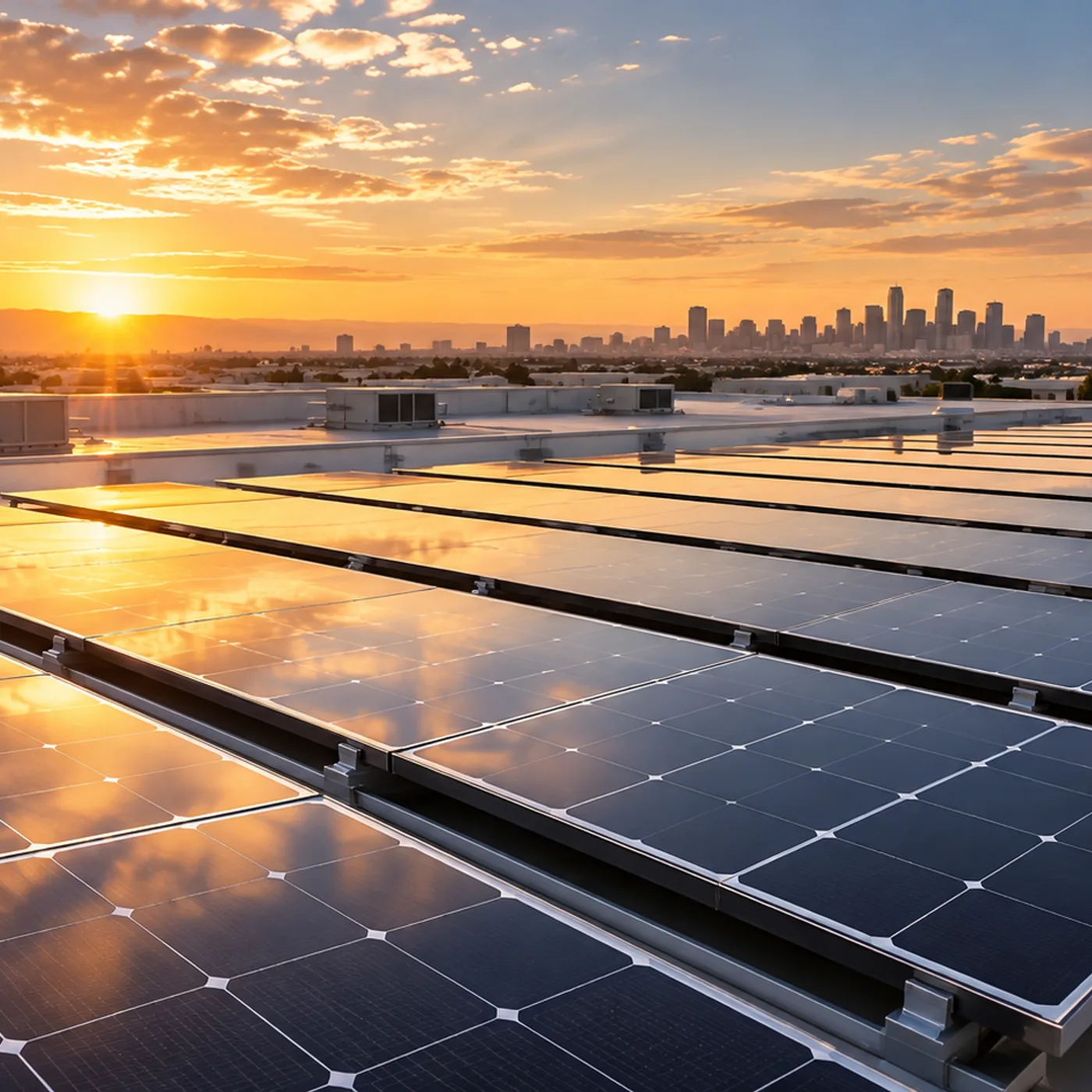 Cena ilustrativa de uma instalação solar empresarial em ambiente urbano