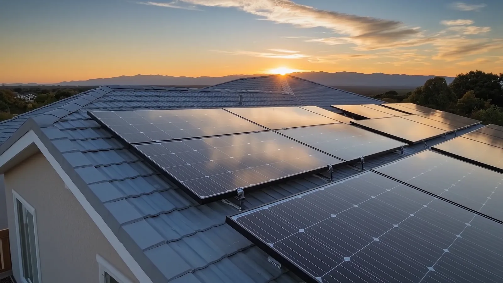 Cena ilustrativa de painéis solares em um telhado ao pôr do sol