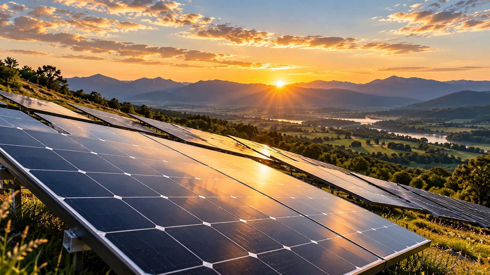 Paisagem ilustrativa com painéis solares, vegetação e montanhas ao pôr do sol